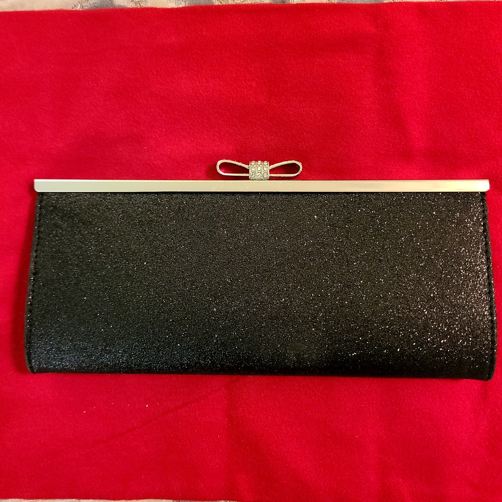 Chic Black Glitter Clutch with Silver Bow Accent